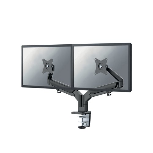 NEO44922 | Neomounts Dual Monitor Arm is a tilt, swivel and rotatable desk mount for two flat screens up to 32 inches. The versatile tilt (90 degree), rotate (360 degree) and swivel (180 degree) technology allows the mount to change to any viewing angle to fully benefit from the capabilities of the screen. The mount has gas spring height adjustment (26.5-55cm) and depth adjustment (0-49cm). Additionally, the DS70-810BL2 features the 180 degree stop mechanism, that allows you to safely adjust the mount even when it is placed close to a wall or separation panel without making contact. The smart cable management clips ensure orderly routing of the cables. Comes with a quick-release VESA system for easy installation and comes with both desk clamp and grommet.