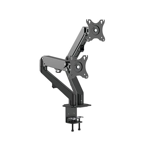 NEO44925 | This desk mount with full motion for two flat screens up to 27 inches with a maximum weight capacity of 7kg per screen. The versatile tilt (135), rotate (360) and swivel (180) technology allows the mount to change to any viewing angle to fully benefit from the capabilities of your screens. Additionally, the mount features gas spring height adjustment (152-402mm) and depth adjustment (0-480mm), to create the perfect working position. Suitable for screens that meet VESA hole pattern 75x75 or 100x100mm. Unused hole patterns can be covered using one of Neomounts VESA adapter plates.