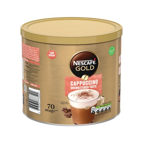 NL30707 | Enjoy the frothy taste of a cappuccino in an instant with Nescafe Gold Cappuccino unsweetened. No need to froth or steam milk, just measure out a portion, add hot water and stir. Made with high quality coffee beans for a bold flavour, with whitener from milk from British dairy farmers, for a deliciously frothy top. For those who prefer a full-bodied, creamy taste. Low fat and sugar when prepared. No hydrogenated oil or artificial colours. This 1kg tin contains enough coffee for around 70 mugs, ideal for caterers or office kitchens. Suitable for vegetarians. Fully recyclable tin. Nescafe plan work with coffee farmers to support them in through providing higher-yielding, climate-resistant crops, protecting soil health and protect the future of coffee farming for everyone.