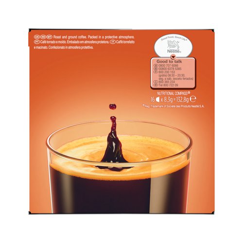 Americano Intenso powerful and full bodied coffee. Each capsule contains enough coffee for one serving. Capsules for use with Dolce Gusto coffee machines. Pack of 48 capsules (Supplied in 3 boxes contains 16 capsules in each).