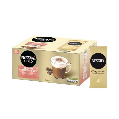 Add a touch of luxury to your morning coffee with Nescafe Gold Unsweetened Cappuccino. Made with a blend of high quality roasted coffee beans. A rich coffee topped with frothy milk, milk sourced from British dairy farmers. This adds that extra something to your daily routine. What's more, it couldn't be easier to prepare. Just open a sachet, pour the powder into a mug and top it up with hot water. A quick stir and your coffee is ready to drink. No hydrogenated oil or artificial colours. Low fat and sugar, only 55 calories per mug. This pack contains 50 x 14.2g sachets, ideal for office kitchens, canteens and breakout areas. Nescafe plan work with coffee farmers to support them in through providing higher-yielding, climate-resistant crops, protecting soil health and protect the future of coffee farming for everyone.