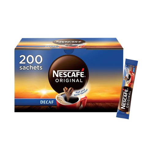 Nescafe One Cup Sachets each contain just the right amount for a delicious cup of morning or afternoon coffee. Simply empty the sachet into a cup, add hot water and milk or sugar to taste, then stir. Nescafe Decaffeinated Coffee has all the robust, bold flavours of an invigorating cup of coffee without any of the caffeine. These individual sachets are ideal for catering, meeting rooms and breakout areas. This pack contains 200 sticks.