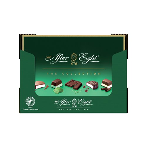 NL78141 | The After Eight Mint Collection is a selection of premium chocolates, comprising 5 delicious varieties: Dark Peppermint and Orange Flavour Fondant, Dark Chocolate and Peppermint, Dark Peppermint Crisp, Dark Peppermint Fondant and Milk Peppermint Truffle. Beautifully packaged in an inlaid gifting box. 199g box of assorted mint chocolates. Film wrapped.
