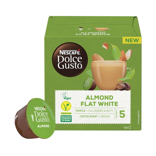 NL80056 | Nescafe Dolce Gusto uses fifteen bar pump pressure to create barista-quality drinks at the touch of a button. Using a pod system of individual servings in foil-sealed capsules to lock in freshness. The Plant-based Flat White Almond coffee beverages combines coffee with almond for a full bodied drink with subtle toasted and grilled cereal notes which is lactose-free and vegan. This pack contains 36 capsules.