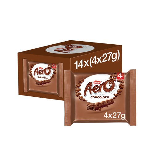 NL92034 | Nestle Aero is the bubbly chocolate bar made purely from milk chocolate. The chocolate bubbles inside the smooth chocolate shell melt effortlessly in your mouth. 143 calories per bar. Each bar is individually wrapped. Each multipack contains 4 packs of 27g Aero chocolate bars.