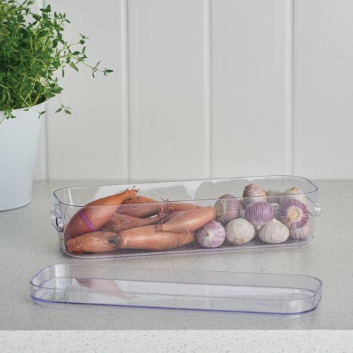 The transparent box slim 1.3 litre is ideal for optimizing storage of long items like pens in cabinets, drawers or on a desk. The SmartStore Compact Clear is modular is a modular, high-quality box that is easy to clean by hand-wash or in the dishwasher. BPA free and food approved.
