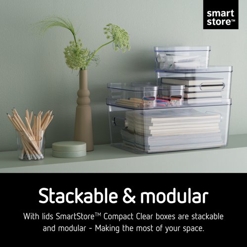 The transparent box slim 1.3 litre is ideal for optimizing storage of long items like pens in cabinets, drawers or on a desk. The SmartStore Compact Clear is modular is a modular, high-quality box that is easy to clean by hand-wash or in the dishwasher. BPA free and food approved.