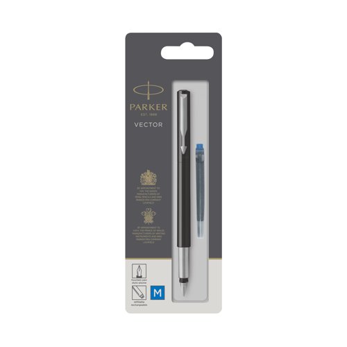 This sturdy and sharply defined, stylish pen features a stainless steel nib to ensure the best possible line quality and fluid control. It is designed for easy, mess-free use by both students and professional users. The Vector fountain pen uses standard Parker Quink ink cartridges. One cartridge is supplied so you can get started writing straight away.