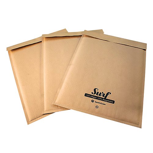 PB80005 | These padded Surf envelopes are 100% recyclable and made of paper inside and out. Just as strong as bubble mailers, the corrugated paper lining offers the same level of protection. Made from recycled paper these G4 envelopes measure 240mm x 330mm. Supplied in a pack of 100 envelopes.