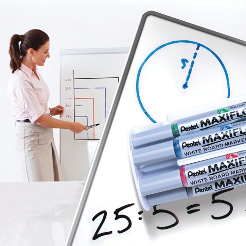 Pentel Maxiflo Whiteboard Marker Assorted 4 Pack with Magnetic Eraser MWL5M/MAG/4-M Drywipe Markers PE01607