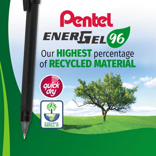 EnerGel Eco 96 is made using 96 per cent post-consumer recycled material making it Pentel's most sustainable writing instrument to date.  EnerGel Eco 96 contains quick-drying EnerGel ink which reduces smudging on hands and paper making it ideal for both right and left-handed writers.  The snap-fit cap closes with a reassuring click and the barrel has a grooved finger grip for comfort and control.  Suitable for refilling thus reducing waste and minimising environmental impact the pen conforms to BS 7272: 1 2: 2008 pen cap and end plug safety standards and is ideal for everyday use in the office school or home. Supplied in pack of 12 black pens with 0.7mm tips.