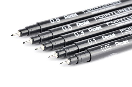 The Pentel Pointliner is ideal for sketching drawing and writing with a robust tip which retains its shape. With fade-resistant black pigment ink this pack of five pens with assorted tips facilitates the drawing of intricate details to bold lines and shading. Supplied in plastic free packaging.