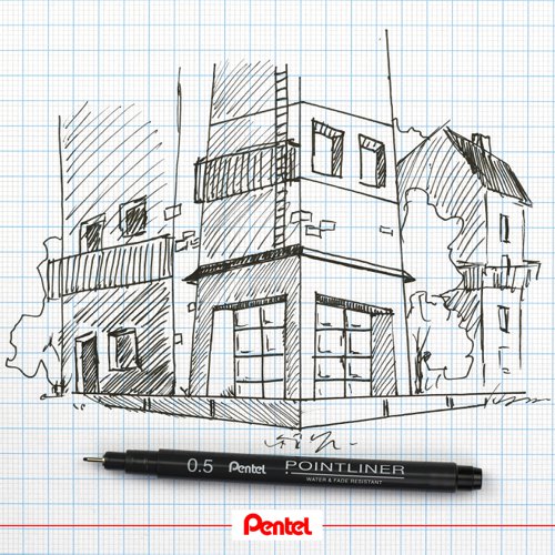 The Pentel Pointliner is ideal for sketching drawing and writing with a robust tip which retains its shape. With fade-resistant black pigment ink this pack of five pens with assorted tips facilitates the drawing of intricate details to bold lines and shading. Supplied in plastic free packaging.