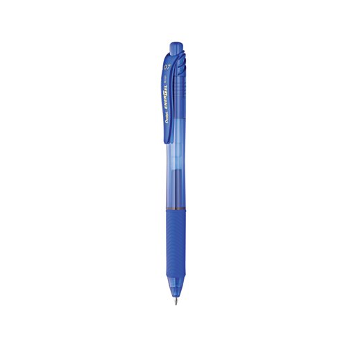 This Pentel EnerGel X pen features a transparent barrel with a soft rubber grip for comfort in use and a convenient retractable design. With revolutionary liquid gel ink the EnerGel formula is quicker drying and smoother flowing than ordinary gel ink giving a similar sensation to liquid ink. The 0.7mm tip writes a 0.35mm line width for general use at home work or at school. This pack contains 12 pens with blue ink.