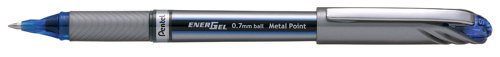 This Pentel EnerGel Plus pen features a chunky metallic-look barrel with a rubber grip for comfort in use. With revolutionary liquid gel ink the EnerGel formula is quicker drying and smoother flowing than ordinary gel ink giving a similar sensation to liquid ink. The medium 0.7mm tip writes a 0.35mm line width for general use at home work or at school. This pack contains 12 blue pens.