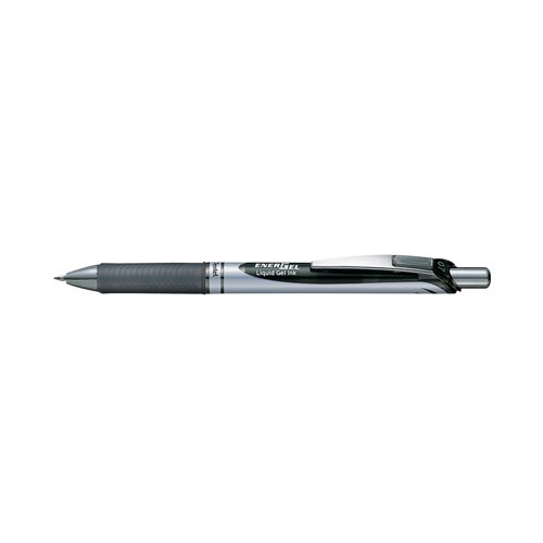 This Pentel EnerGel Xm pen features a convenient retractable design with a chunky metallic-look barrel and rubber grip for comfort in use. With revolutionary refillable liquid gel ink the EnerGel formula is quicker drying and smoother flowing than ordinary gel ink giving a similar sensation to liquid ink. The medium 0.7mm tip writes a 0.35mm line width for general use at home work or at school. This pack contains 12 black pens.