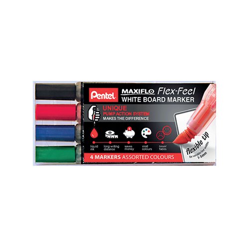 Pentel Maxiflo Flex-Feel Whiteboard Marker Assorted 4 Pack YMWL5SBF/4-M