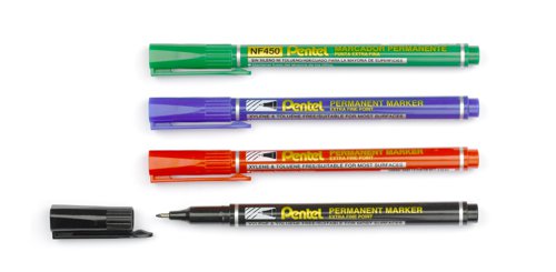 This Pentel permanent marker has a 1.6mm bullet tip for an extra fine 0.6 - 0.2mm line width ideal for precise intricate labelling and marking. The marker features a robust fibre tip and ventilated cap for safety. For use on a variety of surfaces the low odour ink is toluene and xylene free. This pack contains 4 assorted markers in red green blue and black.