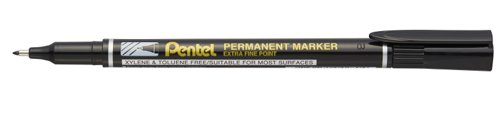 This Pentel permanent marker has a 1.6mm bullet tip for an extra fine 0.6 - 0.2mm line width ideal for precise intricate labelling and marking. The marker features a robust fibre tip and ventilated cap for safety. For use on a variety of surfaces the low odour ink is toluene and xylene free. This pack contains 4 black markers.