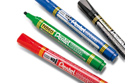 Ideal for everyday use Pentel's N860 Permanent Marker has a chisel tip for an approximate line width of 2.5-7.0mm. It contains bold ink which is low odour and does not contain xylene or toluene. It is topped with a specially moulded anti-roll cap.