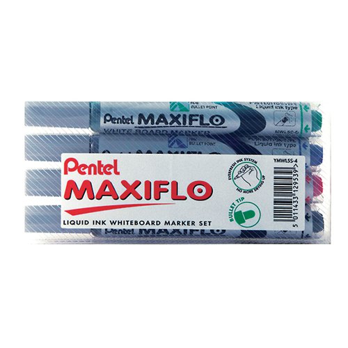 PE12953 | This Pentel Maxiflo Whiteboard Marker features a pump-action button that replenishes the marker tip with vivid liquid ink for clear consistent results. The liquid ink dries quickly and removes cleanly with a dry cloth. The marker also features a visible ink reservoir for monitoring remaining levels and a fine bullet tip for a 1.1mm line width perfect for fine precise writing. This assorted hanging pack contains black blue red and green markers.