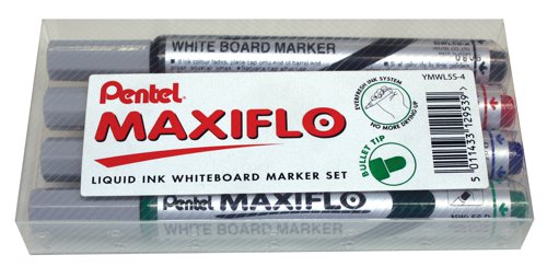 This Pentel Maxiflo Whiteboard Marker features a pump-action button that replenishes the marker tip with vivid liquid ink for clear consistent results. The liquid ink dries quickly and removes cleanly with a dry cloth. The marker also features a visible ink reservoir for monitoring remaining levels and a fine bullet tip for a 1.1mm line width perfect for fine precise writing. This assorted hanging pack contains black blue red and green markers.
