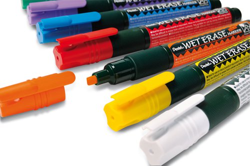 For use on conventional slate chalk board and glass these Pentel Markers contain liquid chalk which removes easily with a wet cloth. Suitable for both indoor and outdoor use the markers feature a valve action for a smooth controlled ink flow. Ideal for displays decorations menus information and more the chisel tip writes a variable line width of 1.5-4.0mm. This assorted pack of 7 chalk markers contains red yellow blue white green orange and purple.