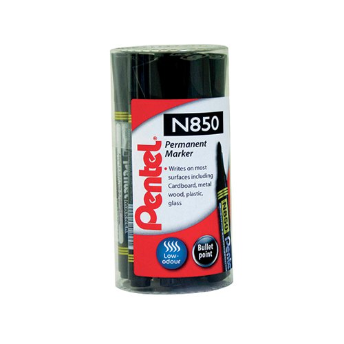 PE14154 | This Pentel N850 permanent marker is suitable for use on most surfaces and features low odour ink and a specially moulded anti-roll cap for use on the go. Ideal for everyday use the bullet tip writes a 2.0mm line width for bold marking and labelling. This pack contains 12 markers with black ink.