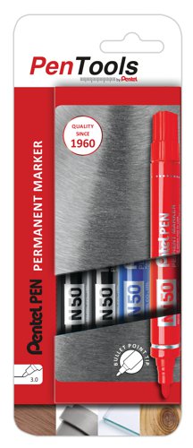 PE34586 | Ideal for a wide range of marking and labelling tasks the Pentel N60 Permanent marker is a high quality all-rounder handy for day to day use. The rugged marker tip is hardwearing and robust even when used on rough surfaces. The permanent markers feature an aluminium barrel in a traditional marker format making them easy and comfortable to hold for any user in addition to being sturdy enough for use in machine tools. The permanent ink is suitable for use on a wide range of materials including glass metal wood and plastics and is also suitable for use in harsh environments. From the workshop to the office machine shop or industrial production line the Pentel N50 is perfect for universal use. Supplied in a pack of 4 in assorted colours the markers feature an extra fine 3.0mm bullet tip writing a 1.0mm line width.