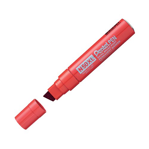 This heavy duty Pentel N50XL-B Jumbo Marker features a hard-wearing chisel tip and an extra large ink capacity for long lasting use. The permanent ink is waterproof which is ideal for marking and labelling in industrial environments. The jumbo felt tip writes a variable line width of 2.0 - 14.0mm for both fine and bold marking. This pack contains 6 markers with red ink.