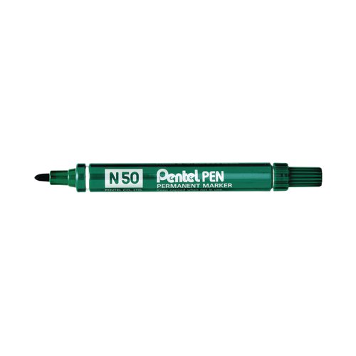Inside the chunky aluminium barrel of each Pentel N50 permanent marker is quality Pentel indelible ink that writes smoothly on almost any surface from plastic and metal to ceramics and glass. The bullet tip writes a 1.5 to 2.0mm line width which is ideal for general purpose use in industry or commerce. This pack contains 12 green markers.