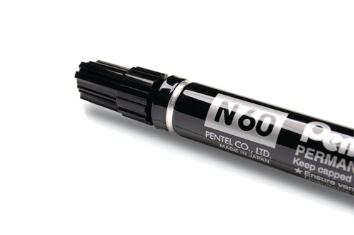 Inside the chunky aluminium barrel of each Pentel N60 permanent marker is quality Pentel indelible ink that writes smoothly on almost any surface from plastic and metal to ceramics and glass. The chisel tip writes a 1.0 - 6.0mm line width which is ideal for general purpose use in industry or commerce. This pack contains 12 black markers.