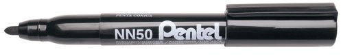 This environmentally friendly Pentel NN50 permanent marker is made from 85% recycled materials excluding the ink and is suitable for use on most surfaces. The permanent ink is low odour and xylene free for safe use. The bullet tip writes a bold 2.5mm line width. This pack contains 12 markers with black ink.