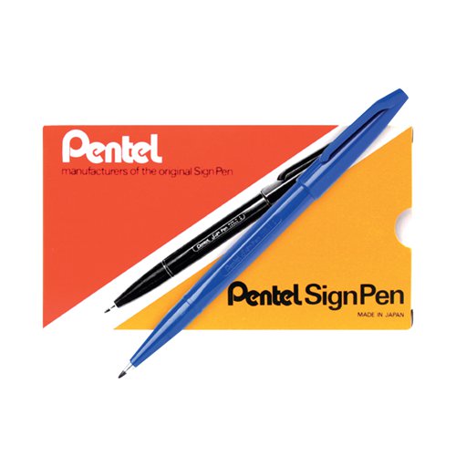 This fibre tip Pentel Sign Pen features non-permanent water based ink and writes a 2.0mm line width. Perfect for graphics and illustrations the environmentally friendly pen is made from 83% recycled materials excluding the ink. This pack contains 12 blue pens.