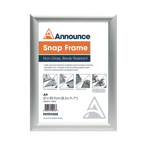 Announce A4 Snap Frame (25mm anodised aluminium frame, Wall fixings included) PHT01808