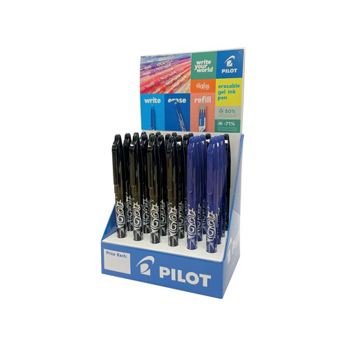 PI01739 | Featuring black and blue pens in a stylish display unit, this pack of Pilot FriXion Pens is perfect for all retailers. Allowing you to erase your ink marks with the minimum of difficulty, each pen is designed to help the end user in his or her daily life. A comfortable rubber grip ensures that writing is never uncomfortable while a retractable nib prevents the ink from drying up and keeps the pen working as well as possible.