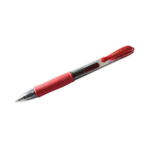 This Pilot G207 retractable pen features gel ink for smooth writing and improved ink flow. The pen has a convenient retractable design with a cushioned rubber grip for comfort even over protracted periods of writing. The ink is refillable, acid free and suitable for archival use. The pen has a medium 0.7mm nib, which writes a 0.4mm line width and also features a translucent barrel, allowing you to monitor remaining ink levels. This pack contains 12 red pens.