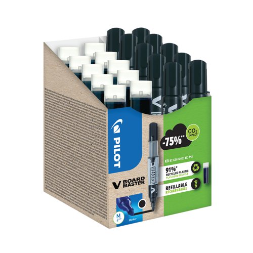 Pilot's V-Board Marker Pens are high quality bullet tip markers that do not compromise on quality. Containing no xylene or similar solvents, these low odour drywipe marker pens are perfect for the classroom and meeting rooms alike. The drywipe ink can be easily erased from all types of whiteboard surfaces using a cloth. To help you do your bit for the planet, these marker pens are refillable and made with 91% recycled material. This pack contains 10 drywipe markers and 10 refills.
