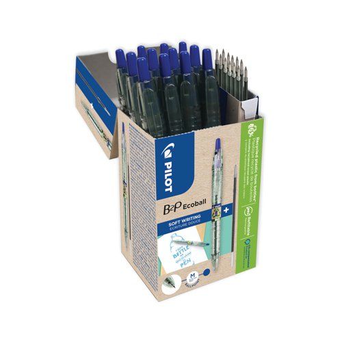 Pilot B2P Ecoball Ballpoint Pens/Refills 10 Pens + 10 Refills Blue (Pack of 20) 3131910586579 PI58657 Buy online at Office 5Star or contact us Tel 01594 810081 for assistance
