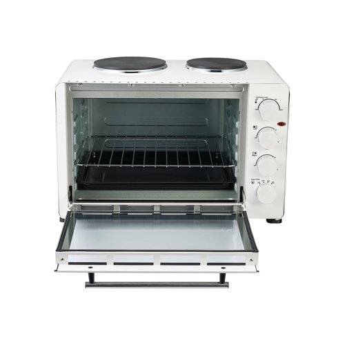 This 45 litre capacity electric mini oven takes up minimal room thanks to its compact design. Just like a regular oven, it will heat all sorts of foods by roasting, grilling and baking and will even heat up sauces, stews and other foods with the two hot plates, which each feature three temperature settings. The oven will heat up to 220 degree centigrade like most standard ovens for equally good results, with easy to use dials. A simple white design which will blend in seamlessly with most kitchens.