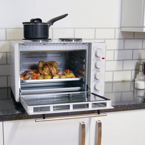 This 45 litre capacity electric mini oven takes up minimal room thanks to its compact design. Just like a regular oven, it will heat all sorts of foods by roasting, grilling and baking and will even heat up sauces, stews and other foods with the two hot plates, which each feature three temperature settings. The oven will heat up to 220 degree centigrade like most standard ovens for equally good results, with easy to use dials. A simple white design which will blend in seamlessly with most kitchens.