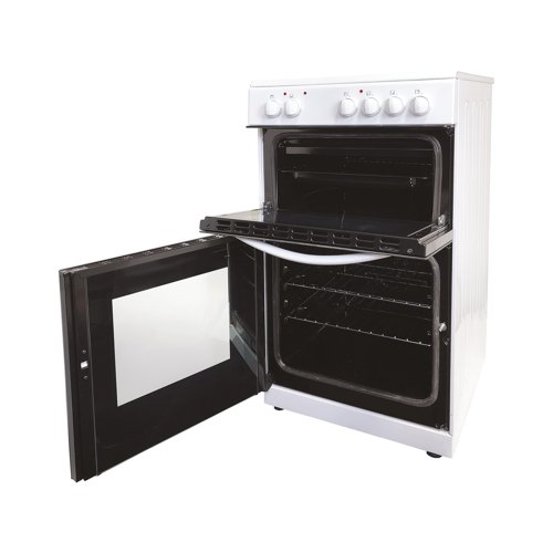The Statesman EDC50W Atlas double oven electric ceramic cooker comes in a white finish. It has one convection oven as well as one fan assisted oven to meet various cooking needs. The front doors have fixed inner glass panels for quick visibility and comes with 1 deep oven tray with a wired chrome grid as well as 2 oven wire shelves. Dimensions are H900 x W500 x D600mm. Energy Rating A.