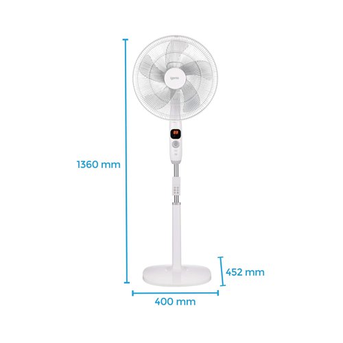 PIK07272 | The Igenix 16 Inch Digital Pedestal Fan has a specially designed brushless DC motor that ensures the DF1670 generates a stronger airflow than standard AC motors, whilst also using less energy. The stylish LED display helps users track through the 12 available speed settings with ease, and the auto-dimming function makes this an ideal option for the bedroom. The fan head can be adjusted vertically to give a variety of operating positions, which combined with the oscillation function ensures even airflow distribution at all times. The fan comes with a 12 hour timer as well as sleep and natural modes, which combined with the unique silent setting makes this fan an ideal option for any user.