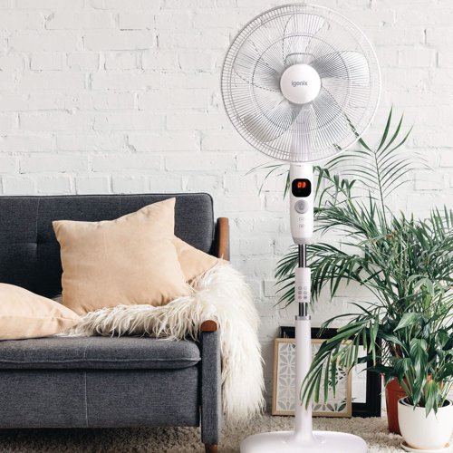 PIK07272 | The Igenix 16 Inch Digital Pedestal Fan has a specially designed brushless DC motor that ensures the DF1670 generates a stronger airflow than standard AC motors, whilst also using less energy. The stylish LED display helps users track through the 12 available speed settings with ease, and the auto-dimming function makes this an ideal option for the bedroom. The fan head can be adjusted vertically to give a variety of operating positions, which combined with the oscillation function ensures even airflow distribution at all times. The fan comes with a 12 hour timer as well as sleep and natural modes, which combined with the unique silent setting makes this fan an ideal option for any user.