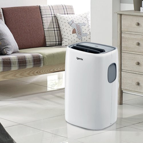 PIK08054 | Igenix IG9922 12000 BTU 4-in-1 Portable Air Conditioner is ideal for average sized rooms ranging up to 25 square metres It expertly combines style with efficiency and can be placed unobtrusively into any room in the house, conservatory, garage, outbuilding, office, mobile home or caravan. This multifunctional unit offers individual fan, cooling, heating and dehumidifying modes to help create the ideal environment all year round. Energy efficiency rating: A.