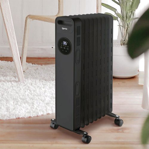The Igenix IG2621BL is a digital oil filled radiator with 2000W of power so you can keep out the cold this winter with instant heat. Save on central heating by using a portable oil filled radiator to warm up a room in a matter of minutes. The radiator has a host of features such as a digital LED control panel and remote control to easily adjust the heat, rolling castors for easy manoeuvrability around your home and a heat resistant housing to make it safe for children and pets. Adjust the radiator to make your room the perfect temperature with 3 adjustable heat settings. To make sure you can operate the radiator safely it has overheat protection and a tip over switch that will stop it overheating and automatically cut off if tipped over so you can switch on the radiator and leave it in the room to heat up without worrying.