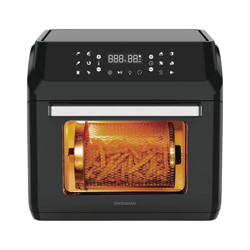 The Statesman 13 in 1 Digital Air Fryer Oven comes with a rotisserie fork and spit, rotating basket, 2x grill racks, a drip tray which doubles as a baking tray, and an 8 piece skewer set, for multi-purpose, energy-efficient cooking. 360 degree air circulation quickly circulates hot air, cooking faster and giving even results. Featuring 12 preset cooking programmes, the viewing window and interior light make for a user-friendly cooking experience, and the door is detachable for easy cleaning.