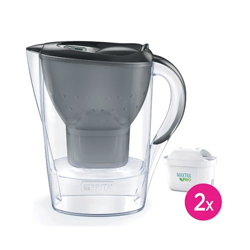 The BRITA Marella 2.4L water filter jug for your daily life convenience. Features innovative 4-stage filtration with natural activated carbon from coconut shells and ion exchanger pearls, filters trace impurities such as certain herbicides, pesticides and pharmaceuticals and reduces taste-impairing chlorine and metals like lead and copper. A digital indicator counts down the time of cartridge usage and flashes after 4 weeks to remind you to change and recycle the filter cartridge. Can be opened with one hand for refilling thanks to the comfortable flip-lid. Dishwasher safe (except the indicator). Supplied with 2 MAXTRA+ filters.