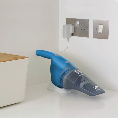 The Black and Decker Wet & Dry Dustbuster is a versatile handheld vacuum cleaner. It lets you clean wet and dry spills and the small size makes it compact and lightweight enough to make cleaning easy. A translucent, bagless dust compartment with a 370ml capacity makes it easy to know when it needs emptying. When not in use the Dustbuster can be docked at its charging base on a counter top or have the base mounted on the wall with the provided fixings.