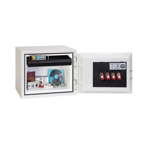 This Phoenix Titan 19 litre safe provides 60 minutes fire protection for paper and digital media. Fitted with a pull-out drawer and 4 key hooks. This safe has a high security electronic lock with convenient LED display, the safe also features dual control, hidden code and scrambled code as standard. Recommended for overnight cover of up to 2,000 GBP cash or 20,000 GBP valuables, the safe is ready prepared for floor fixing, with 2 fixing bolts for concrete floors supplied. The safe is drop tested to 9.1 metres for resistance to the impact of falling through the burning floors of a building. This white 19 litre safe measures W320 x D235 x H260mm (internal). Installation is available, price on application.